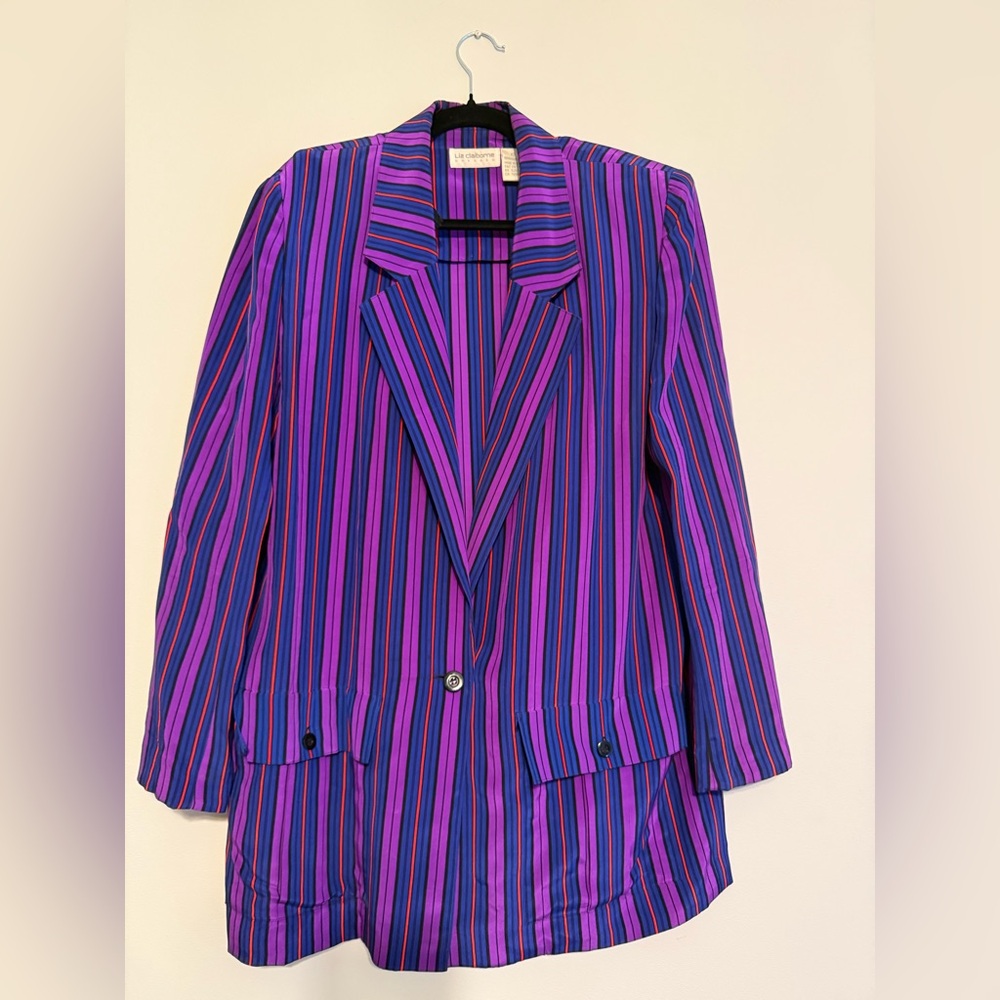 Liz Claiborne Vintage 100% Silk Vibrant Striped Blazer - Purple and Blue
